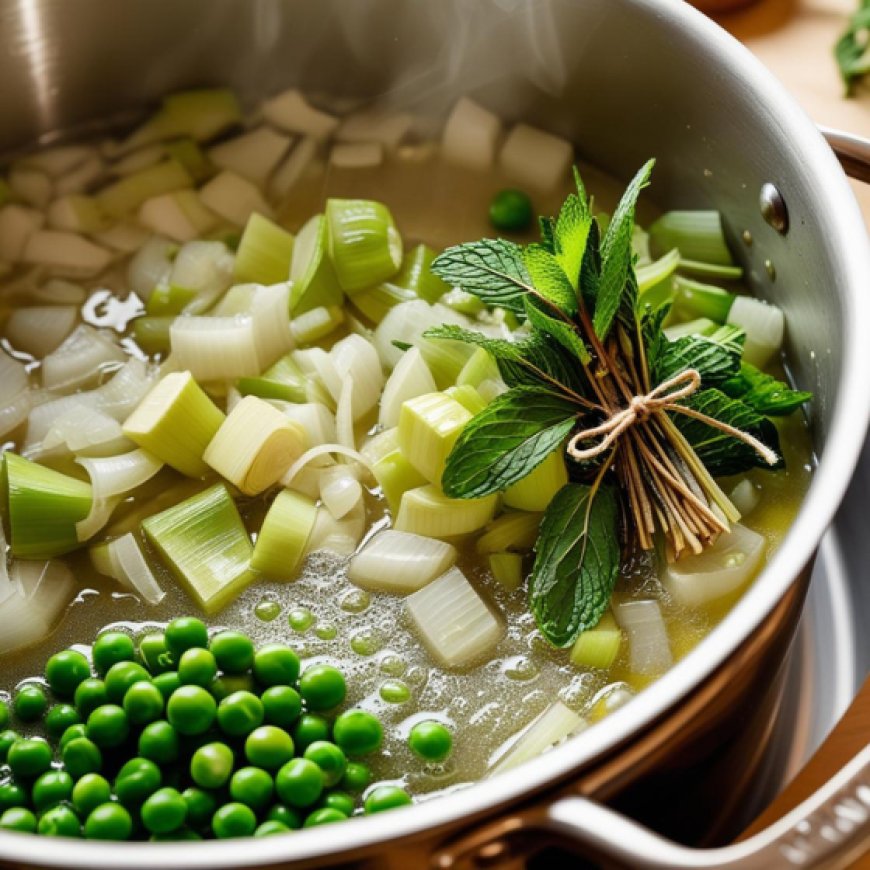 Add the peas, mint and bouquet garni