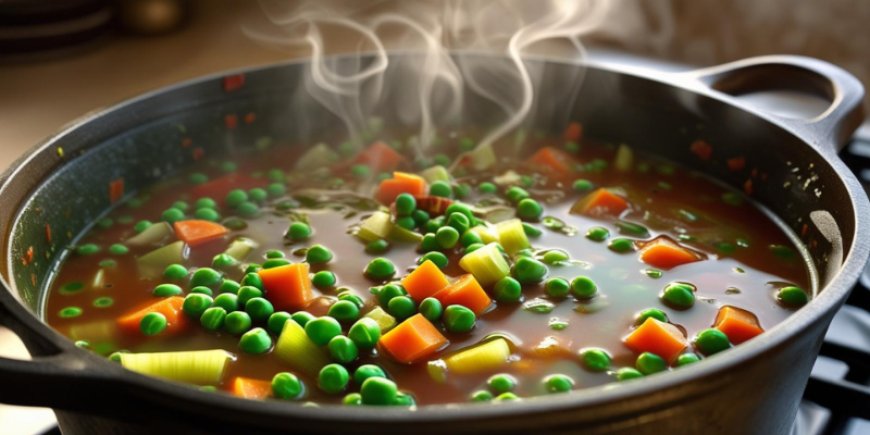 Add the peas and the beans cut into julienne and simmer for 10 minutes.