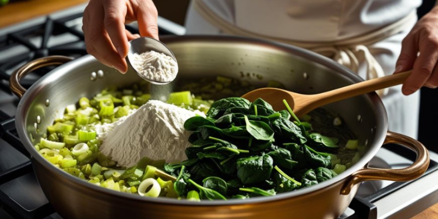Add the flour and spinach.