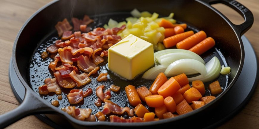 Cook the bacon, onion and carrots.