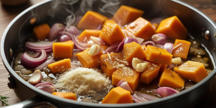 Add the garlic, pumpkin, parmesan and truffle oil.