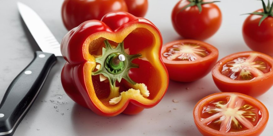 Remove seed from the pepper and halve the tomatoes.