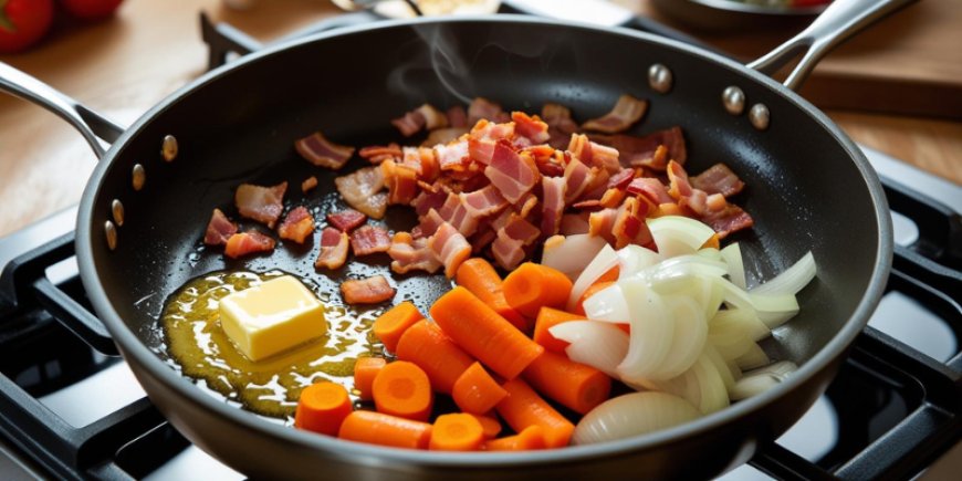 Add the bacon and vegetables.
