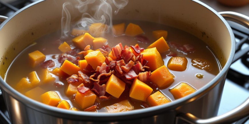 Add the roasted squash and stock.