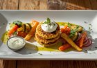 Polenta and Lentil Cakes with Roasted Vegetables and Cucumber and Yoghurt Sauce Recipe