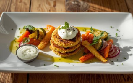 Polenta and Lentil Cakes with Roasted Vegetables and Cucumber and Yoghurt Sauce Recipe