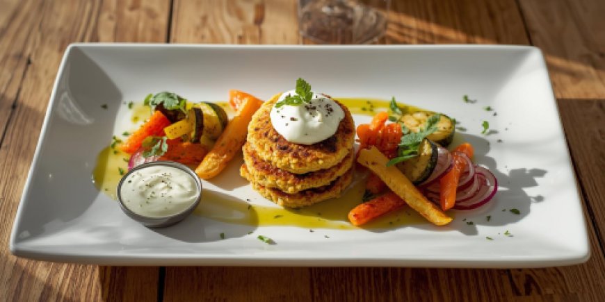 Polenta and Lentil Cakes with Roasted Vegetables and Cucumber and Yoghurt Sauce Recipe