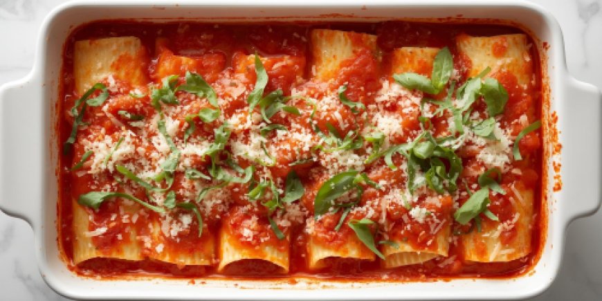 Pour the tomato sauce over the prepared cannelloni.