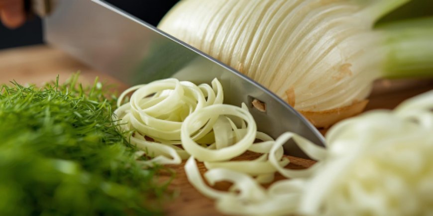 Cut the fennel and thinly slice it on a mandolin.
