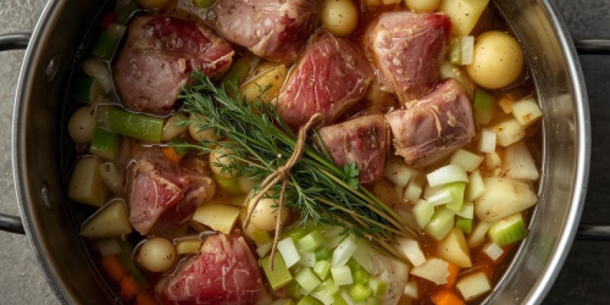 Add the stock and herbs.